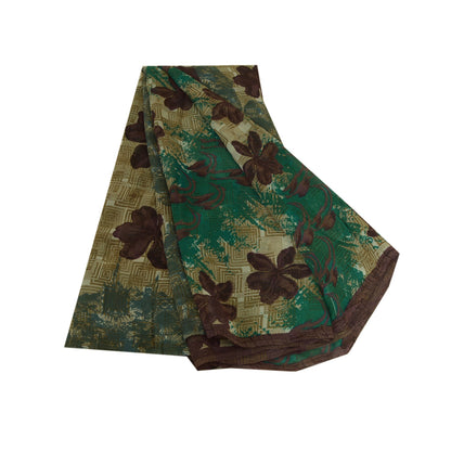 Sanskriti Vintage Sarees Green/Brown Pure Georgette Silk Print Sari Craft Sustainable Fabric
