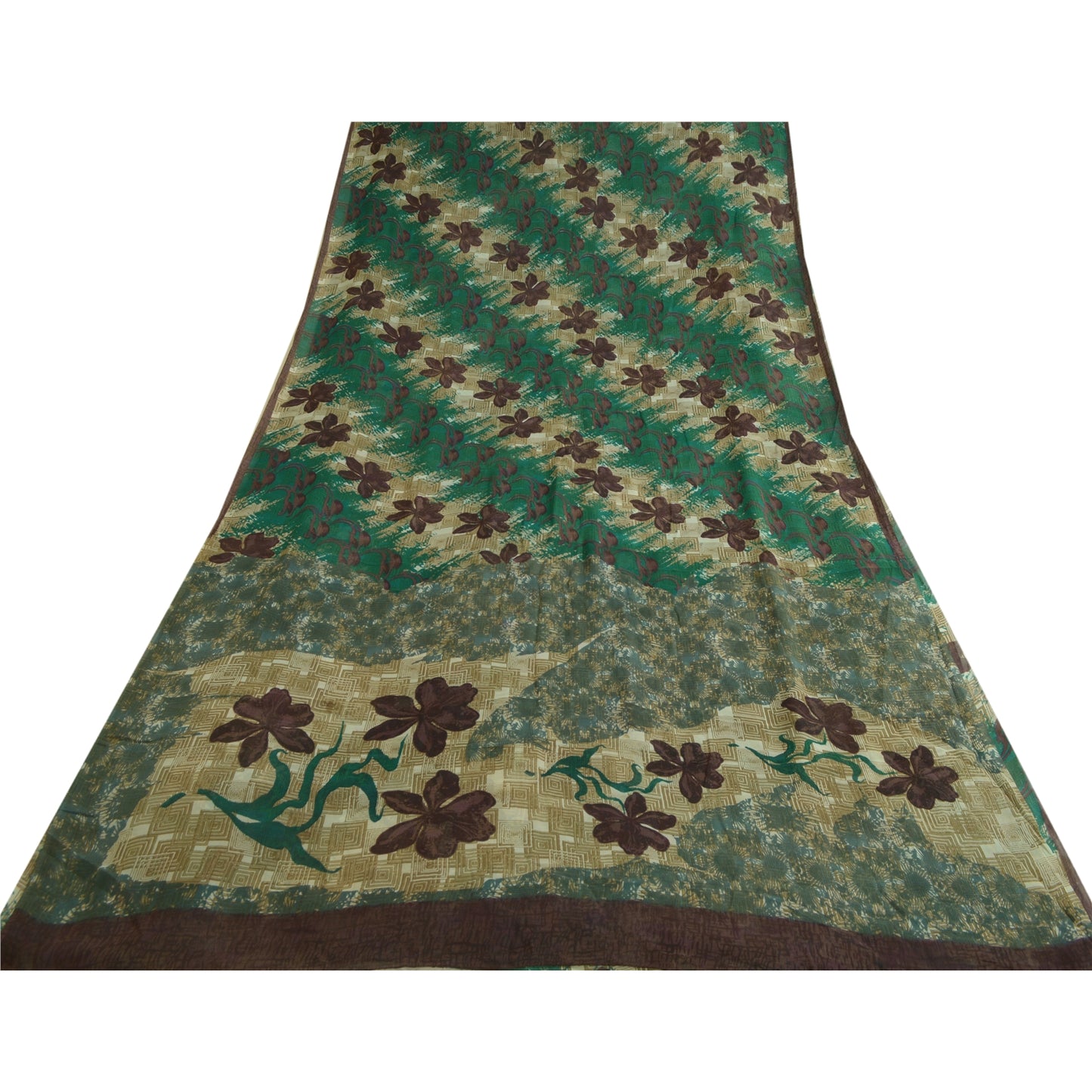 Sanskriti Vintage Sarees Green/Brown Pure Georgette Silk Print Sari Craft Sustainable Fabric