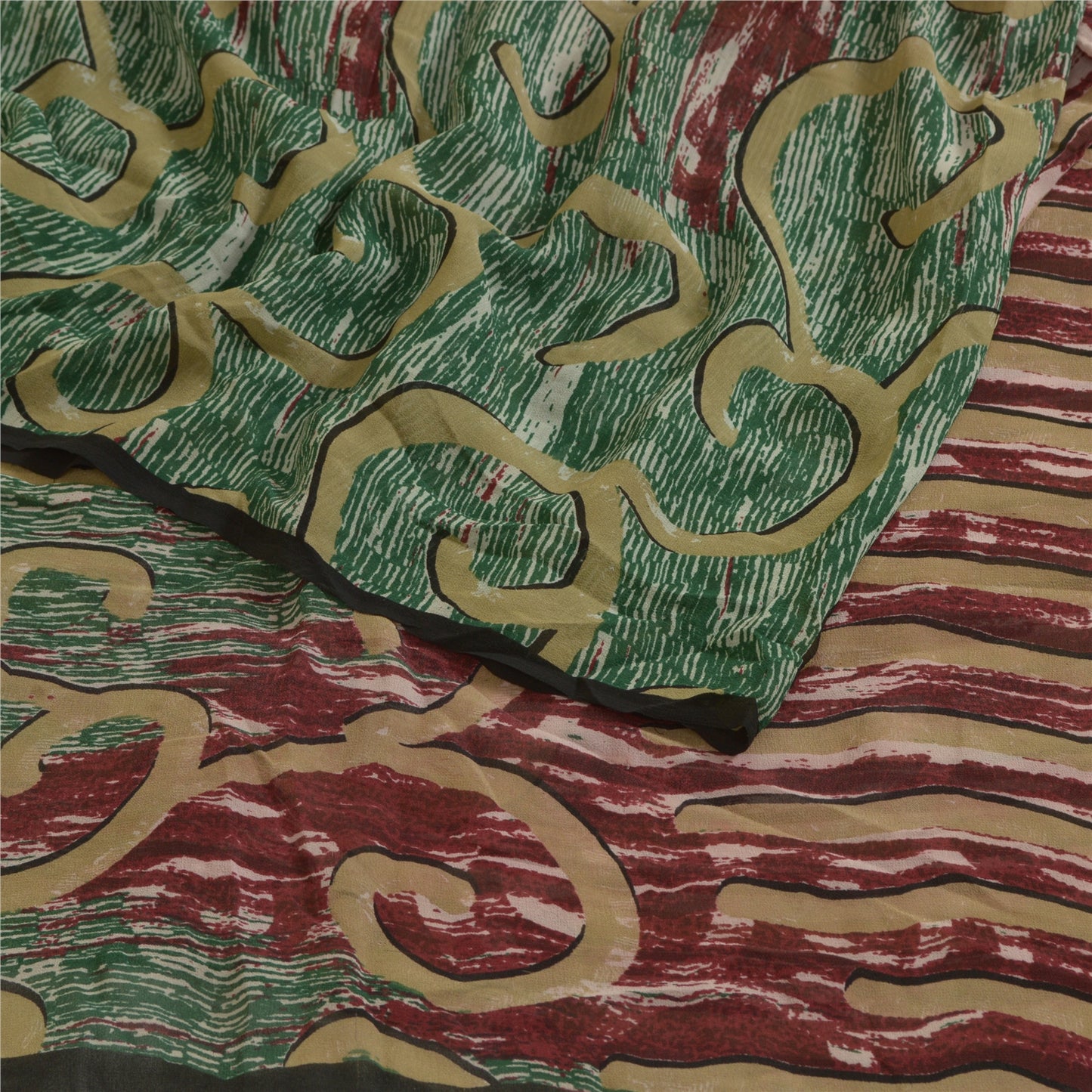 Сари в винтажном стиле на санскрите, зеленое/красное, чистый шелк жоржет, напечатанное сари, ремесло, устойчивая ткань