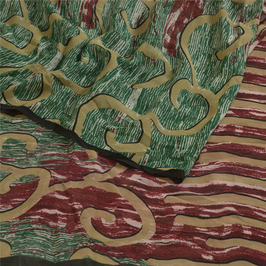 Sanskriti Vintage Sarees Green/Red Pure Georgette Silk Printed Sari Craft Sustainable Fabric