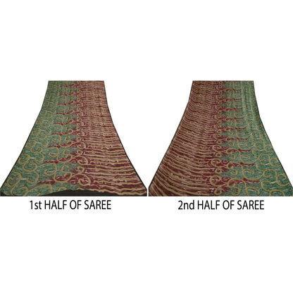 Сари в винтажном стиле на санскрите, зеленое/красное, чистый шелк жоржет, напечатанное сари, ремесло, устойчивая ткань