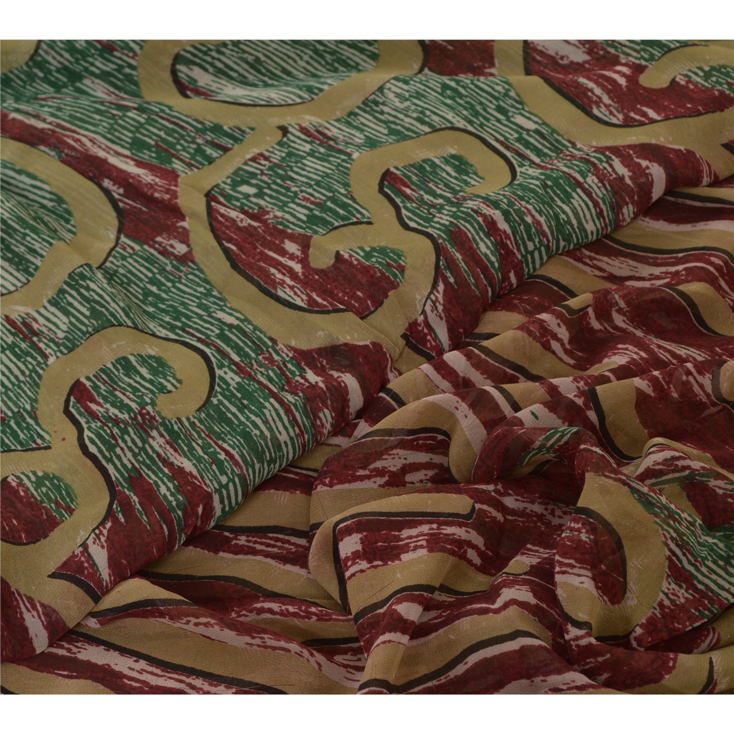 Сари в винтажном стиле на санскрите, зеленое/красное, чистый шелк жоржет, напечатанное сари, ремесло, устойчивая ткань