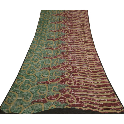 Сари в винтажном стиле на санскрите, зеленое/красное, чистый шелк жоржет, напечатанное сари, ремесло, устойчивая ткань