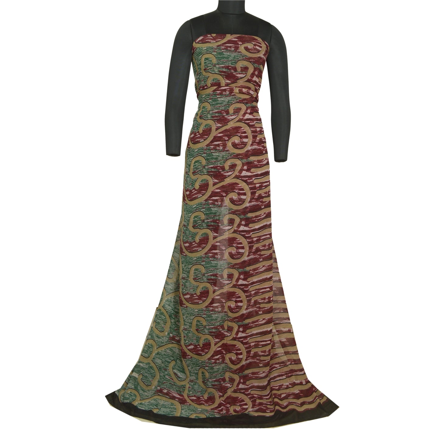 Сари в винтажном стиле на санскрите, зеленое/красное, чистый шелк жоржет, напечатанное сари, ремесло, устойчивая ткань