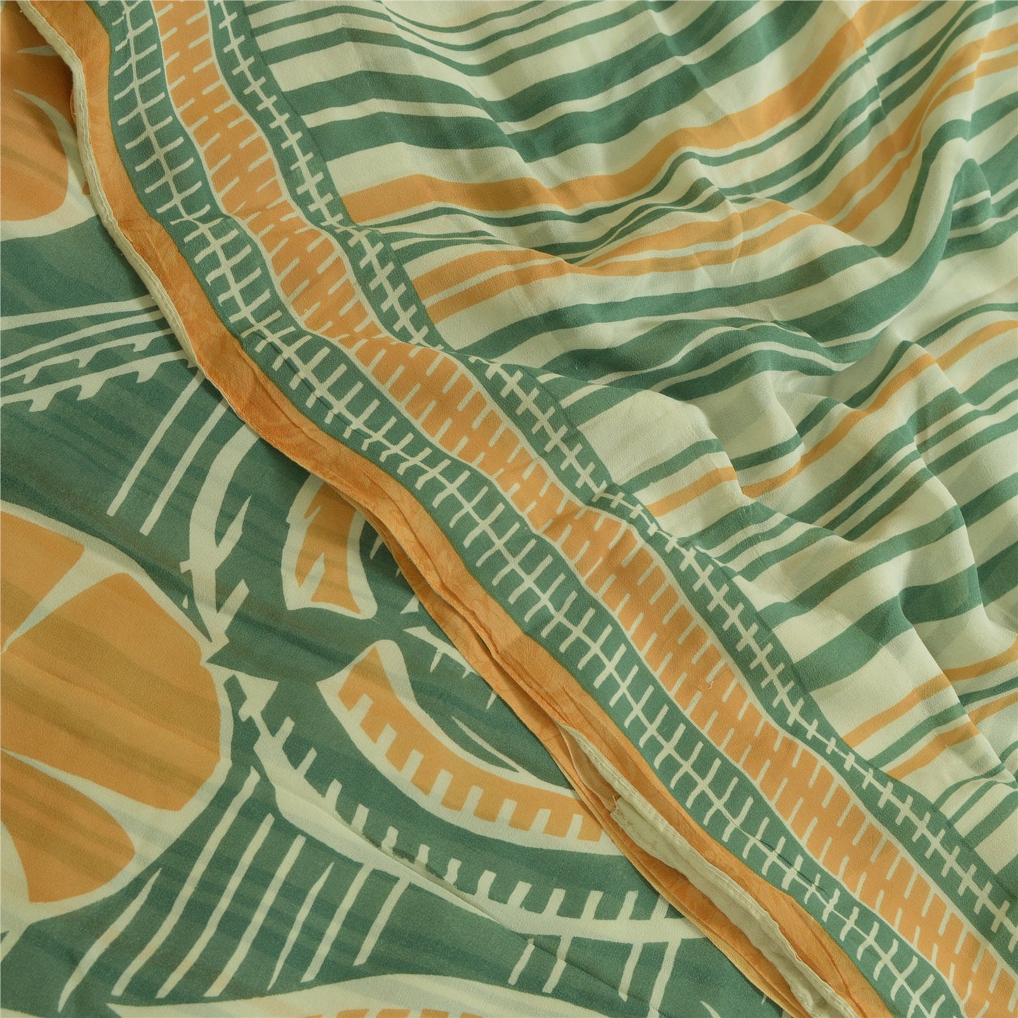 Sanskriti Vintage Sarees Green/Orange Pure Georgette Silk Print Sari CraftSustainable Fabric