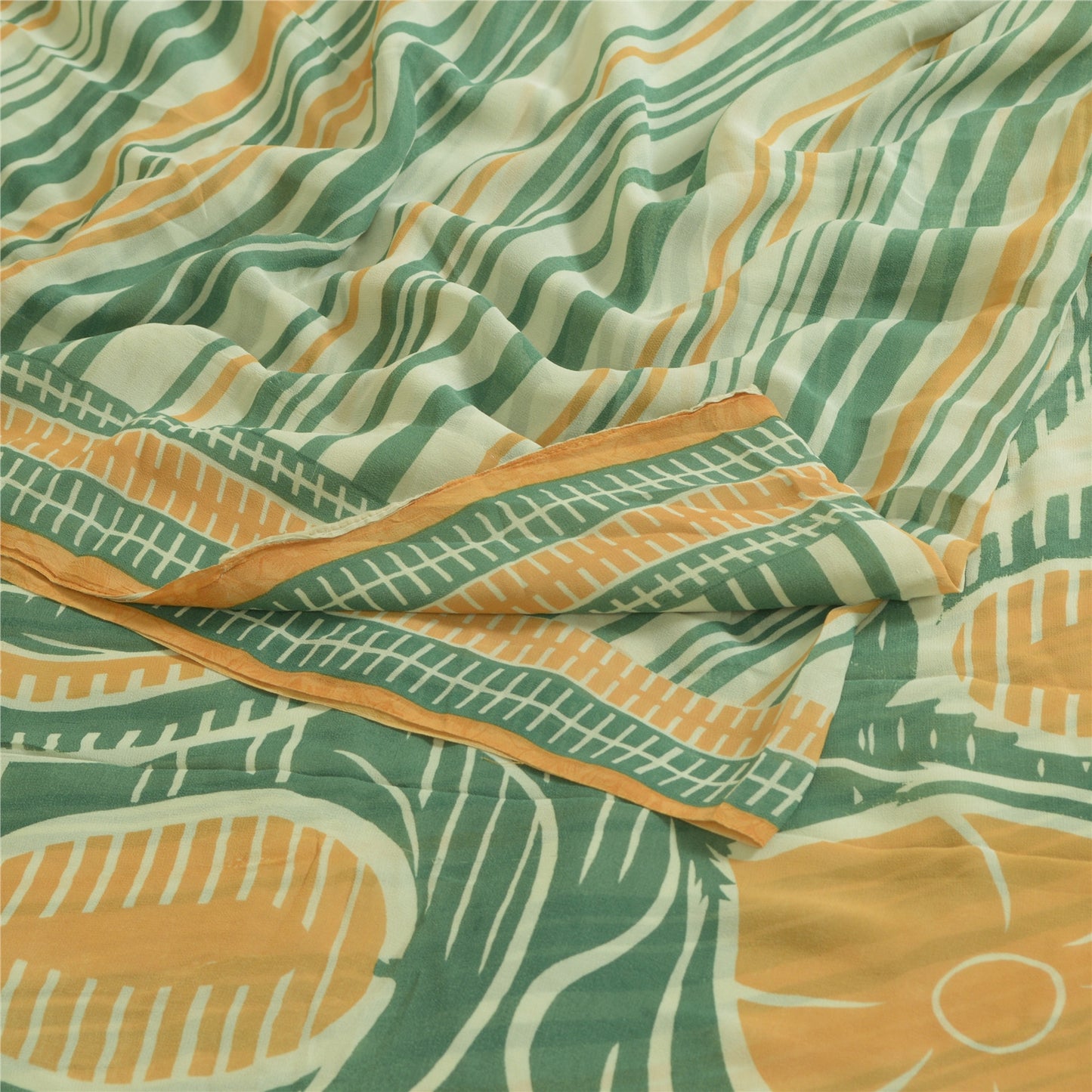 Sanskriti Vintage Sarees Green/Orange Pure Georgette Silk Print Sari CraftSustainable Fabric