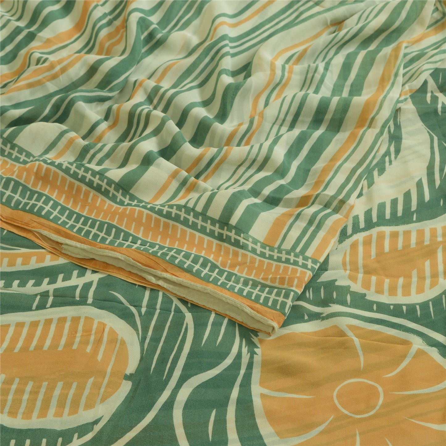 Sanskriti Vintage Sarees Green/Orange Pure Georgette Silk Print Sari CraftSustainable Fabric