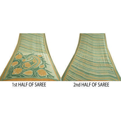 Sanskriti Vintage Sarees Green/Orange Pure Georgette Silk Print Sari CraftSustainable Fabric