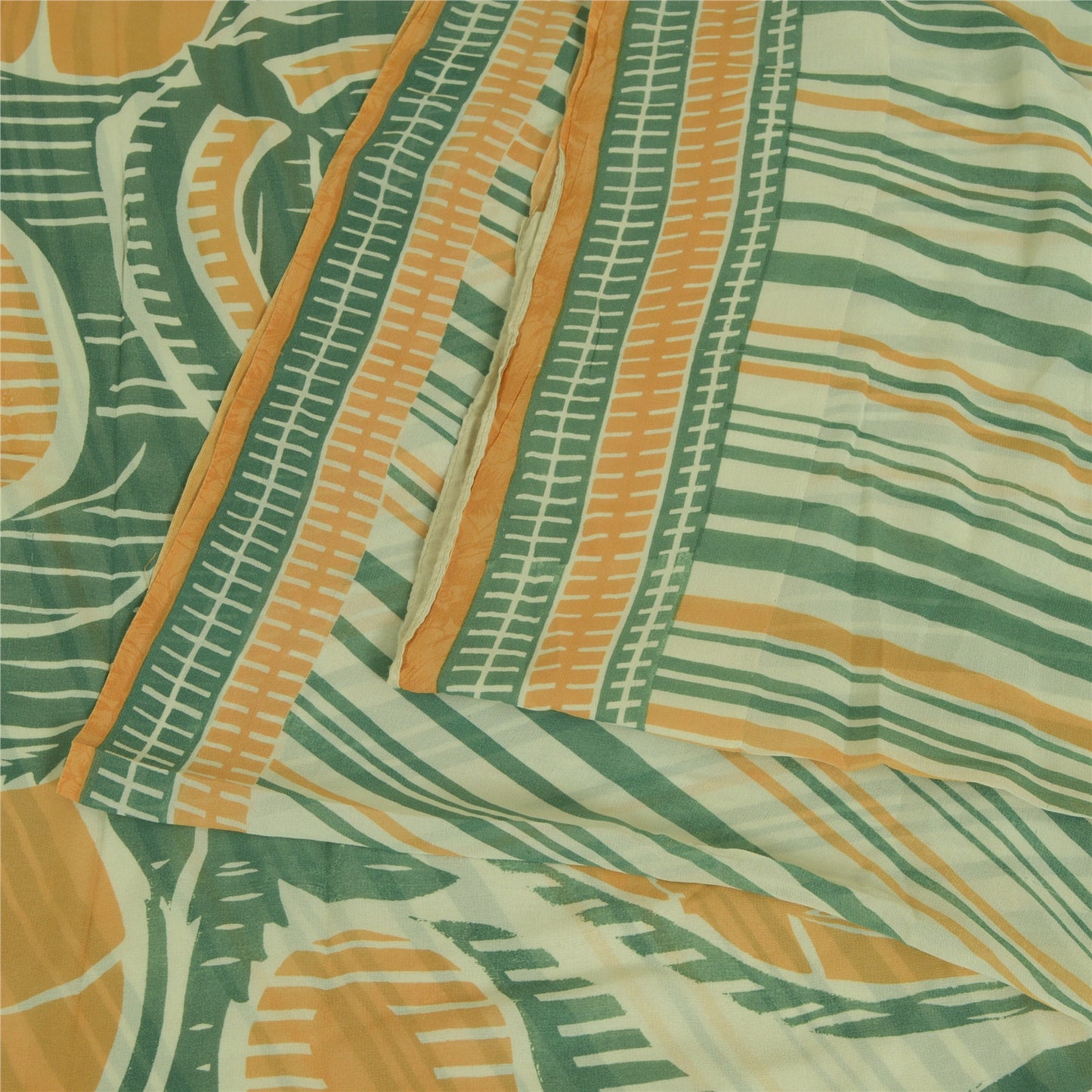 Sanskriti Vintage Sarees Green/Orange Pure Georgette Silk Print Sari CraftSustainable Fabric
