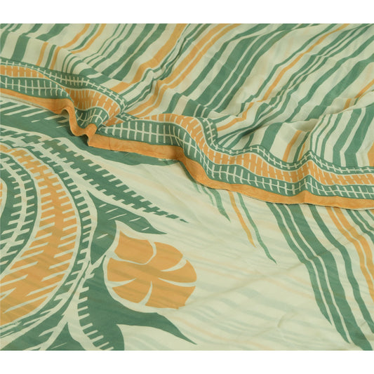 Sanskriti Vintage Sarees Green/Orange Pure Georgette Silk Print Sari CraftSustainable Fabric
