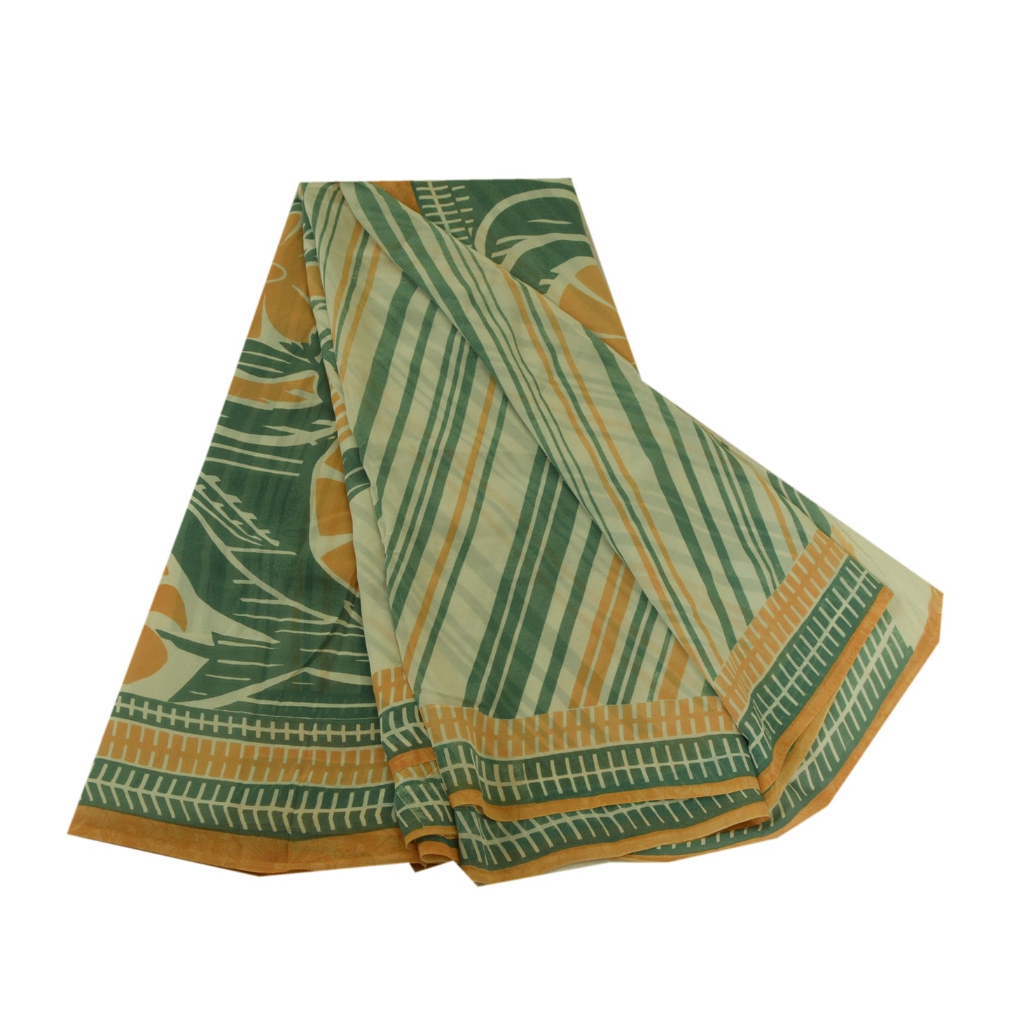 Sanskriti Vintage Sarees Green/Orange Pure Georgette Silk Print Sari CraftSustainable Fabric