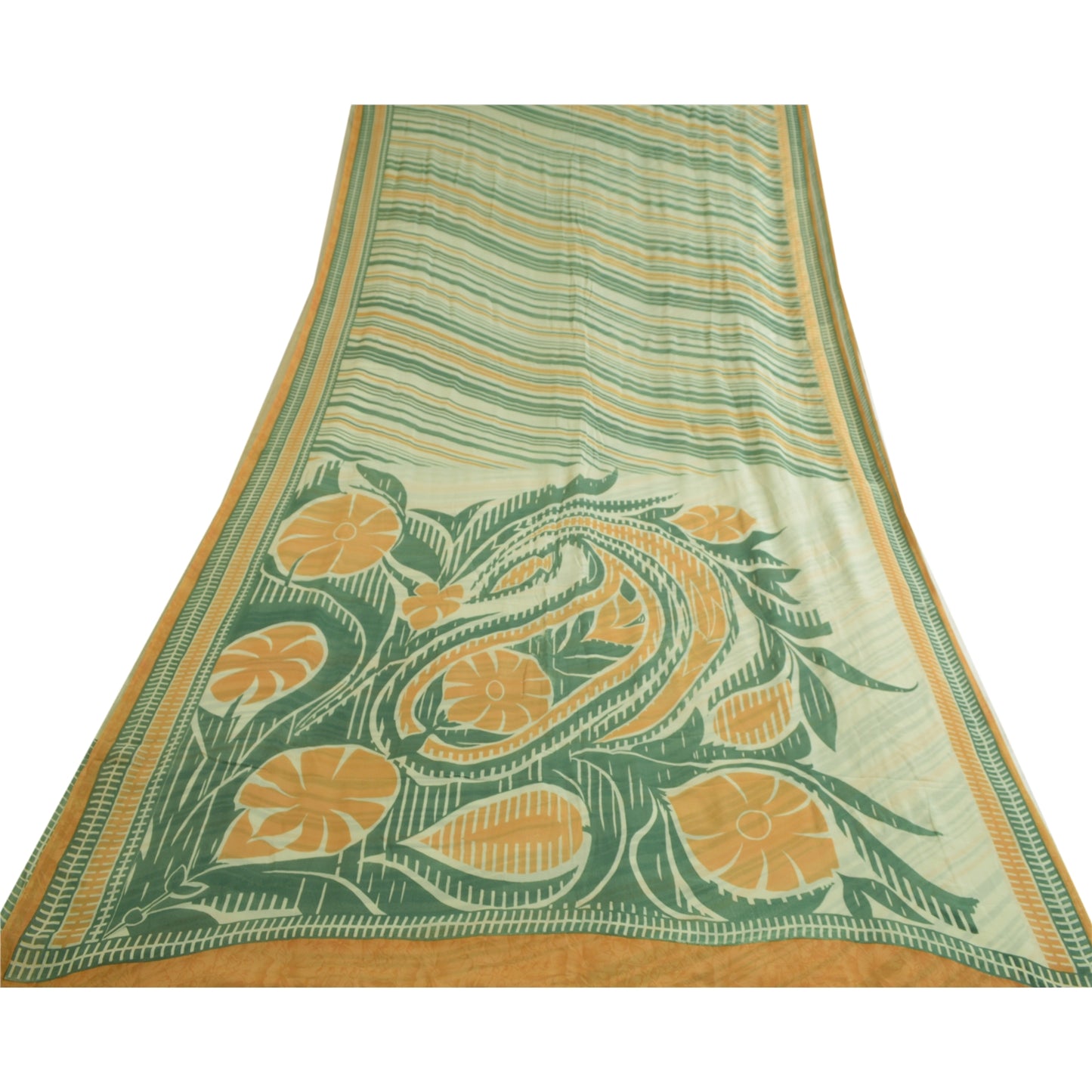 Sanskriti Vintage Sarees Green/Orange Pure Georgette Silk Print Sari CraftSustainable Fabric