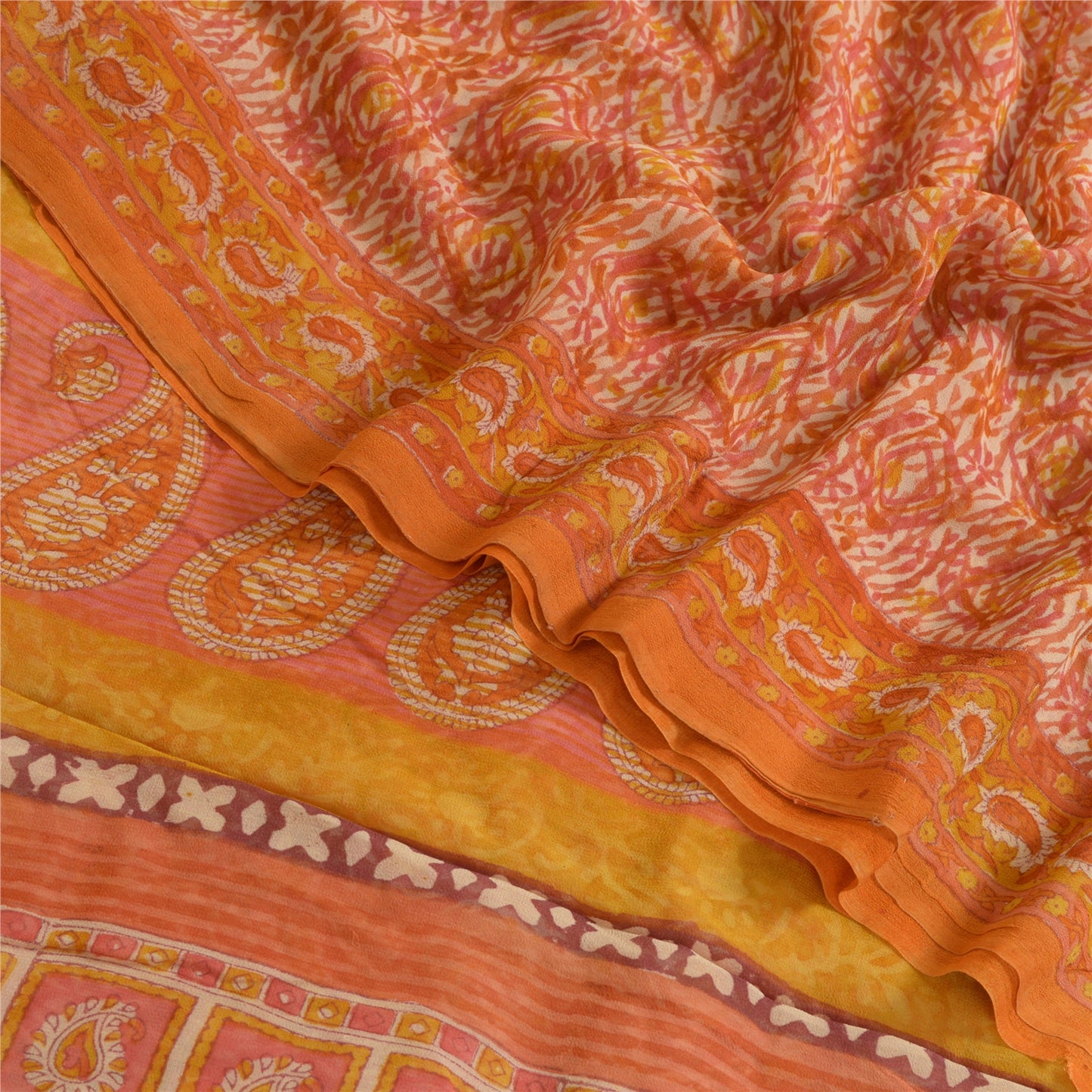 Sanskriti Vintage Sarees Orange Hand Block Print Pure Georgette Silk Sari Sustainable Fabric