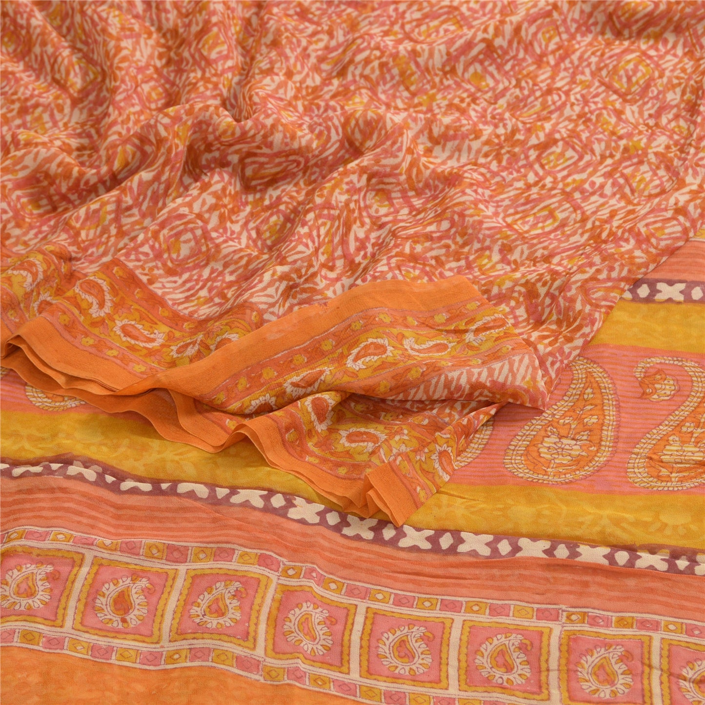 Sanskriti Vintage Sarees Orange Hand Block Print Pure Georgette Silk Sari Sustainable Fabric