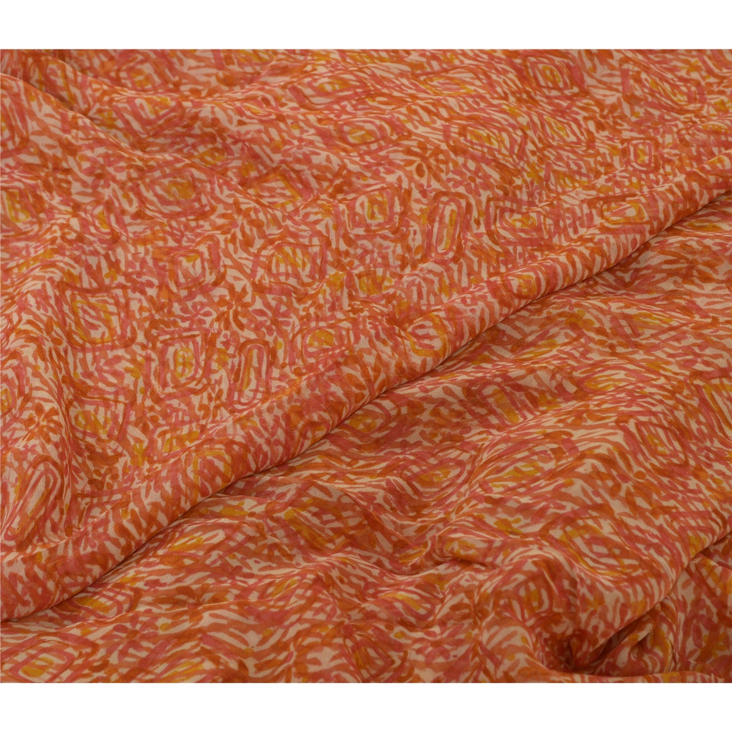 Sanskriti Vintage Sarees Orange Hand Block Print Pure Georgette Silk Sari Sustainable Fabric