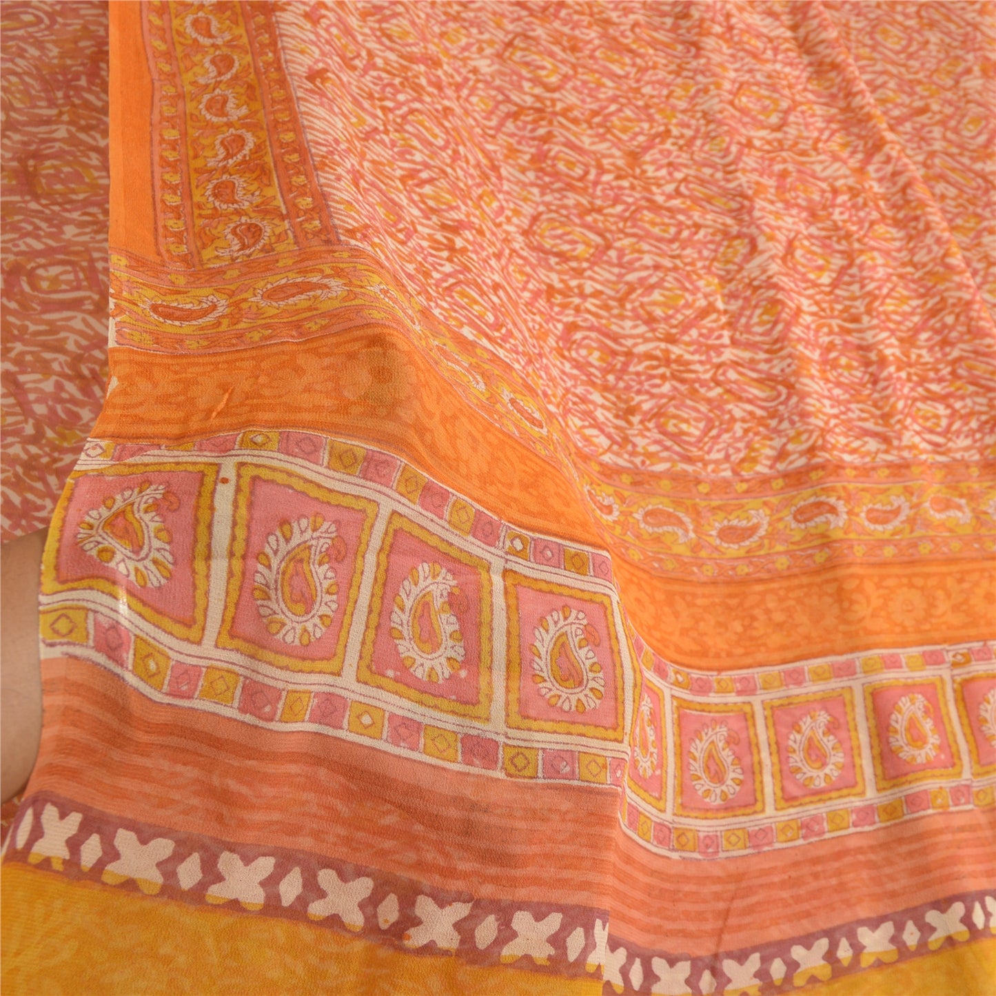 Sanskriti Vintage Sarees Orange Hand Block Print Pure Georgette Silk Sari Sustainable Fabric