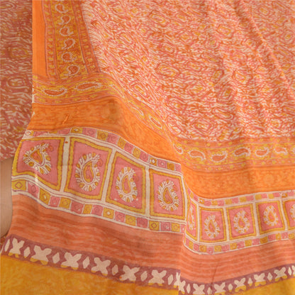 Sanskriti Vintage Sarees Orange Hand Block Print Pure Georgette Silk Sari Sustainable Fabric
