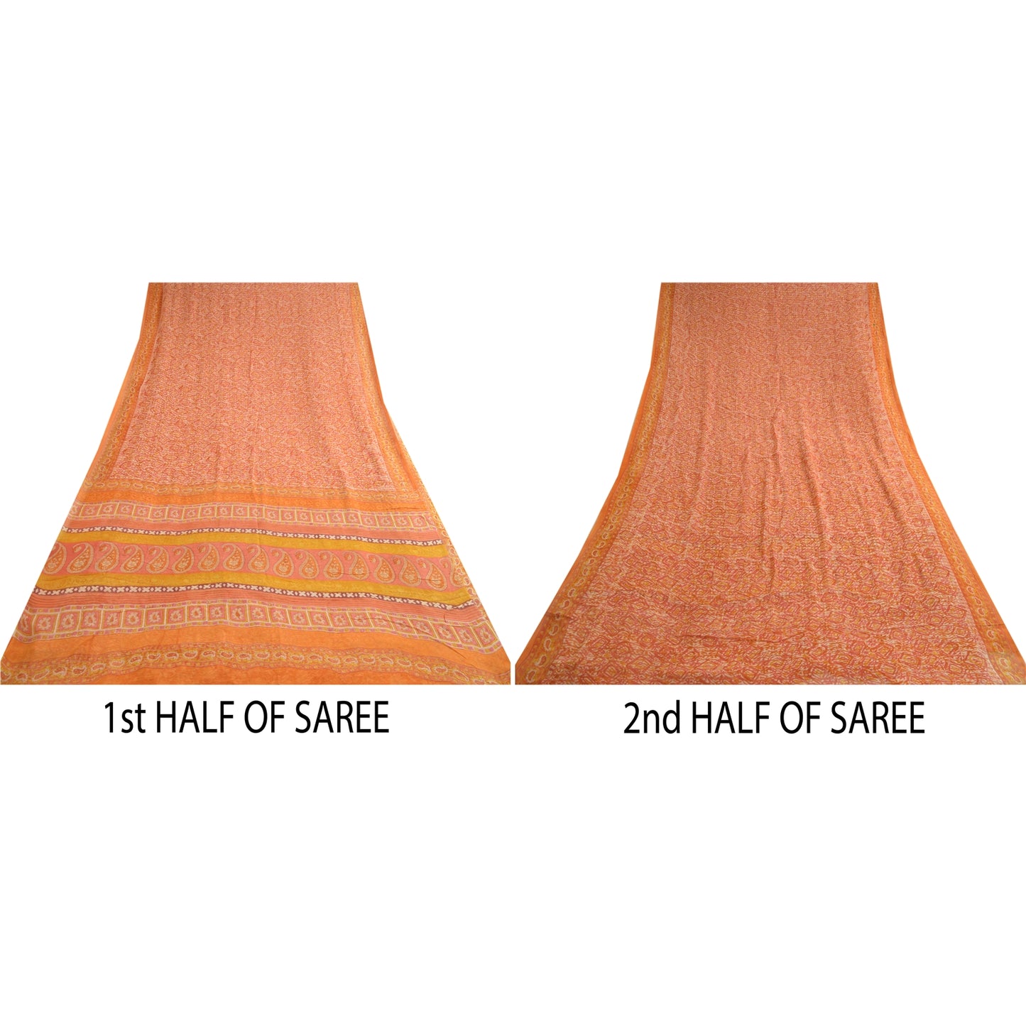 Sanskriti Vintage Sarees Orange Hand Block Print Pure Georgette Silk Sari Sustainable Fabric