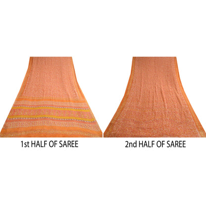 Sanskriti Vintage Sarees Orange Hand Block Print Pure Georgette Silk Sari Sustainable Fabric