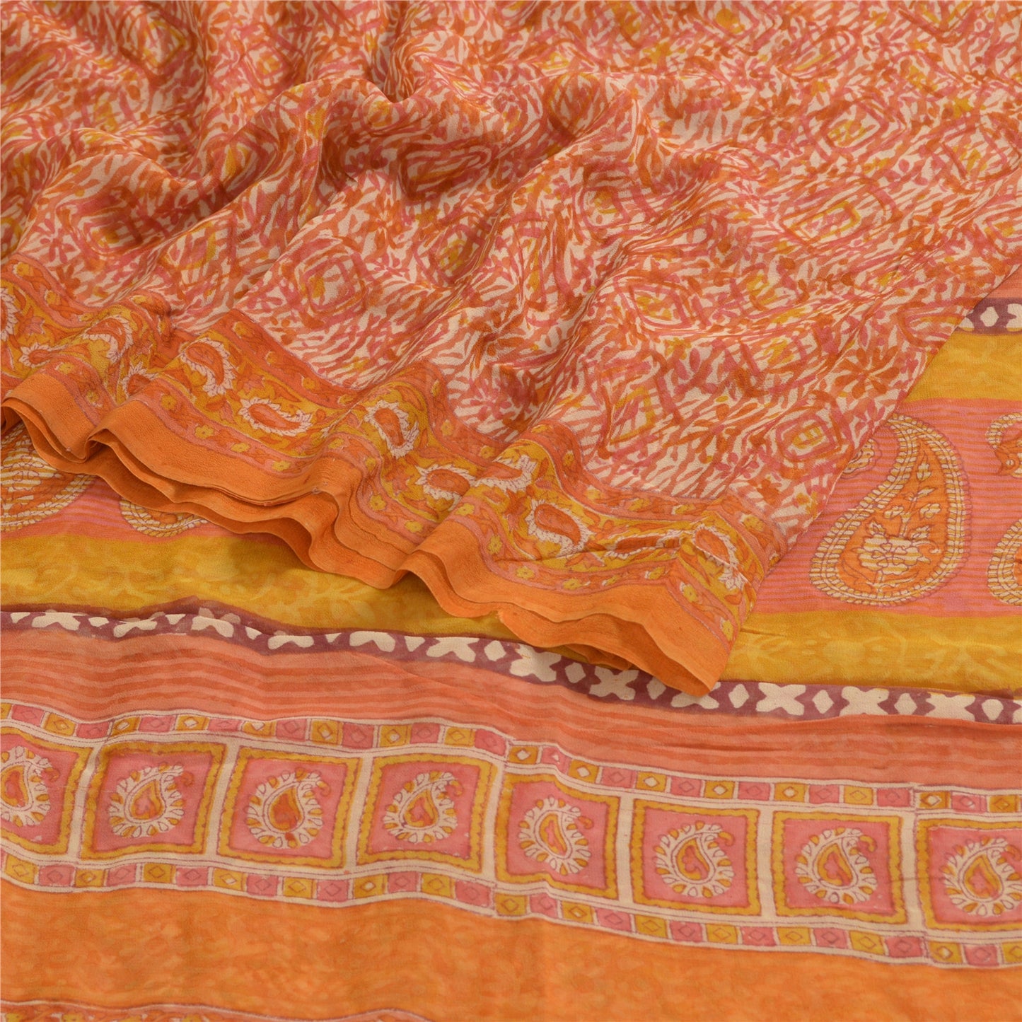 Sanskriti Vintage Sarees Orange Hand Block Print Pure Georgette Silk Sari Sustainable Fabric