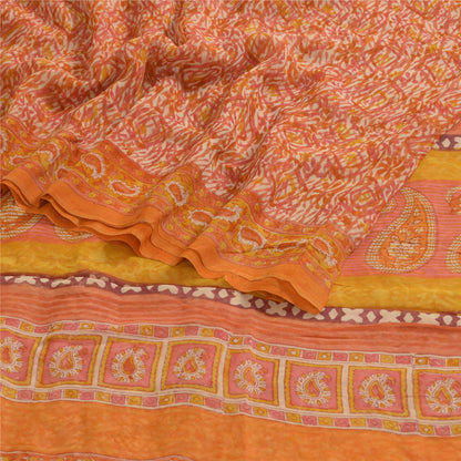 Sanskriti Vintage Sarees Orange Hand Block Print Pure Georgette Silk Sari Sustainable Fabric