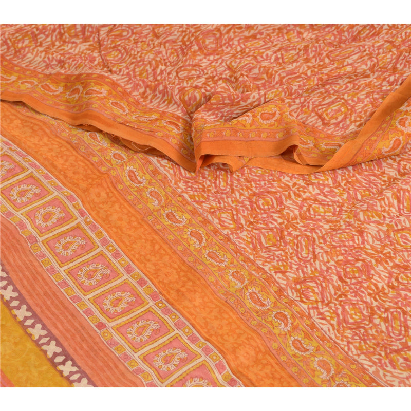 Sanskriti Vintage Sarees Orange Håndbloktryk Ren Georgette Silke Sari Bæredygtigt Stof