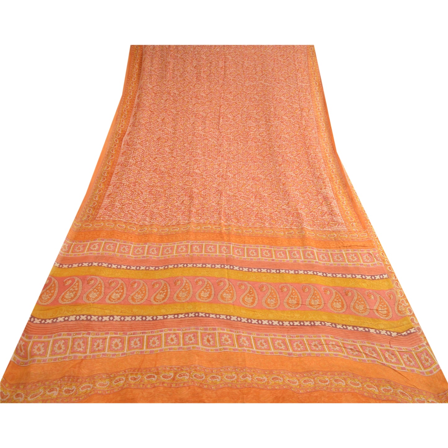 Sanskriti Vintage Sarees Orange Hand Block Print Pure Georgette Silk Sari Sustainable Fabric