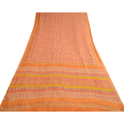 Sanskriti Vintage Sarees Orange Hand Block Print Pure Georgette Silk Sari Sustainable Fabric