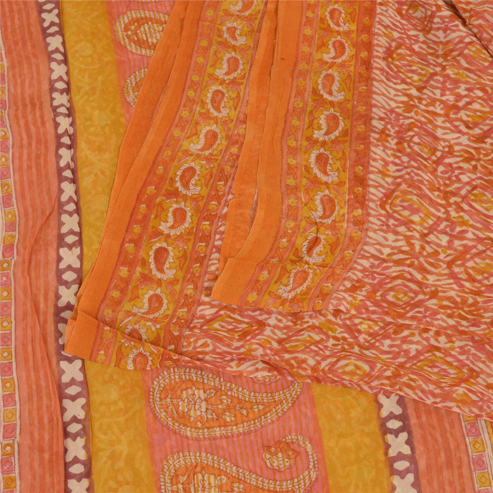 Sanskriti Vintage Sarees Orange Hand Block Print Pure Georgette Silk Sari Sustainable Fabric
