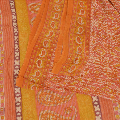 Sanskriti Vintage Sarees Orange Hand Block Print Pure Georgette Silk Sari Sustainable Fabric