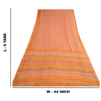 Sanskriti Vintage Sarees Orange Hand Block Print Pure Georgette Silk Sari Sustainable Fabric