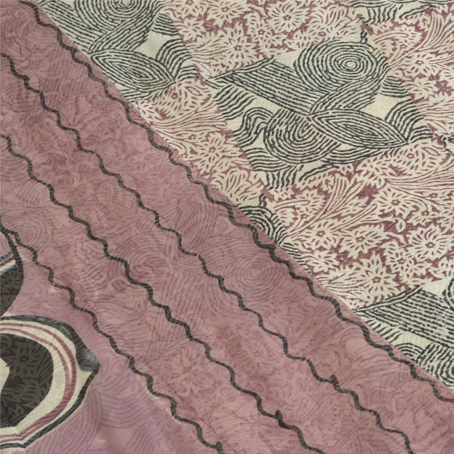 Sanskriti Vintage Sarees Mauve/Black Printed Pure Georgette Silk Sari 6yd Sustainable Fabric
