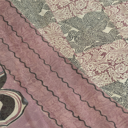 Sanskriti Vintage Sarees Mauve/Black Printed Pure Georgette Silk Sari 6yd Sustainable Fabric