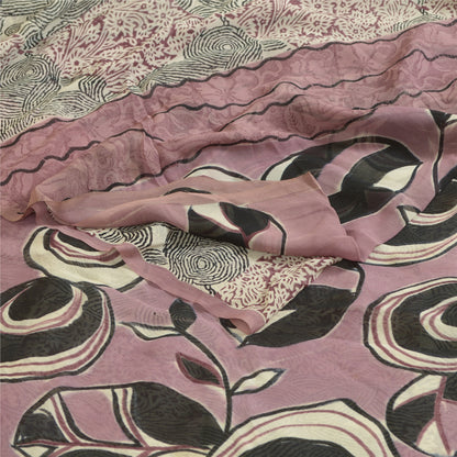 Sanskriti Vintage Sarees Mauve/Black Printed Pure Georgette Silk Sari 6yd Sustainable Fabric