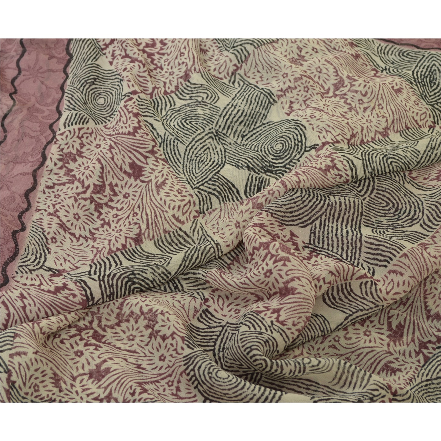 Sanskriti Vintage Sarees Mauve/Black Printed Pure Georgette Silk Sari 6yd Sustainable Fabric