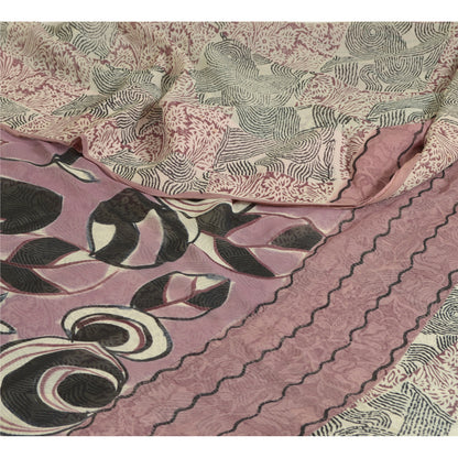 Sanskriti Vintage Sarees Mauve/Black Printed Pure Georgette Silk Sari 6yd Sustainable Fabric