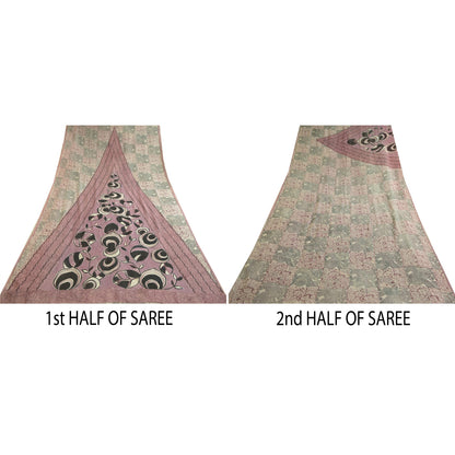 Sanskriti Vintage Sarees Mauve/Black Printed Pure Georgette Silk Sari 6yd Sustainable Fabric