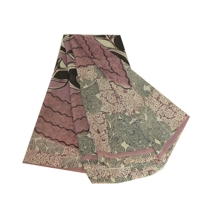 Sanskriti Vintage Sarees Mauve/Black Printed Pure Georgette Silk Sari 6yd Sustainable Fabric