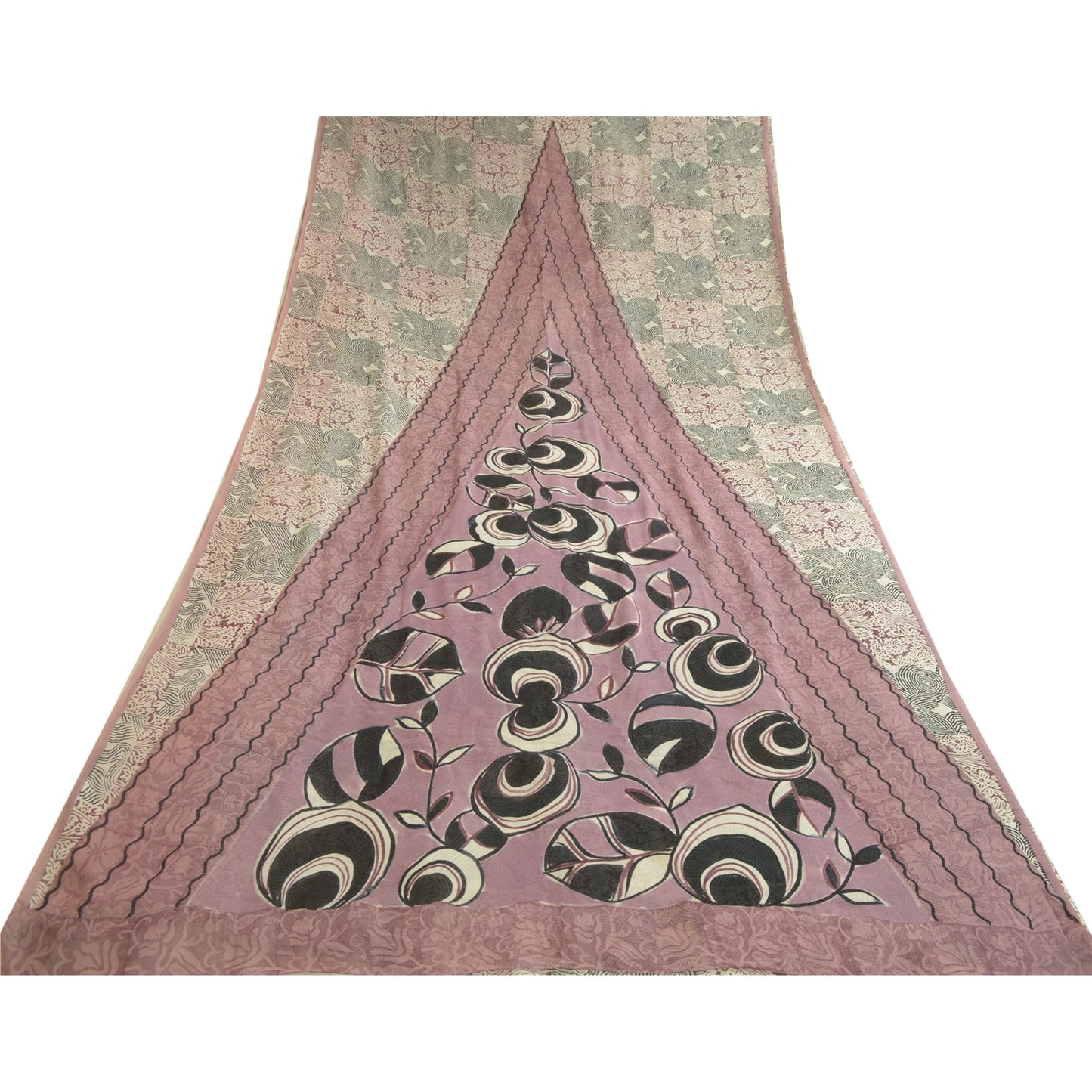 Sanskriti Vintage Sarees Mauve/Black Printed Pure Georgette Silk Sari 6yd Sustainable Fabric