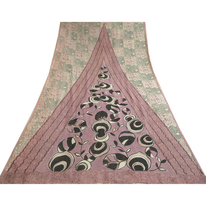 Sanskriti Vintage Sarees Mauve/Black Printed Pure Georgette Silk Sari 6yd Sustainable Fabric