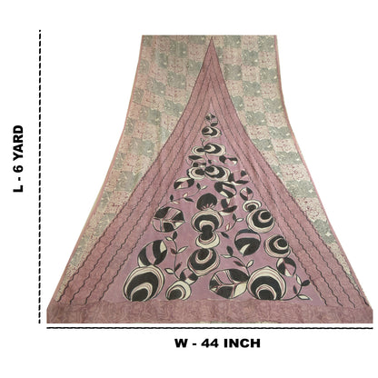 Sanskriti Vintage Sarees Mauve/Black Printed Pure Georgette Silk Sari 6yd Sustainable Fabric