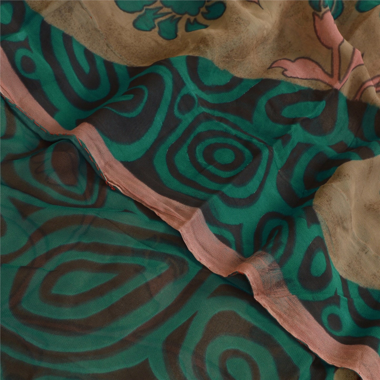 Sanskriti Vintage Sarees Brown/Green Pure Georgette Silk Print Sari Craft Sustainable Fabric