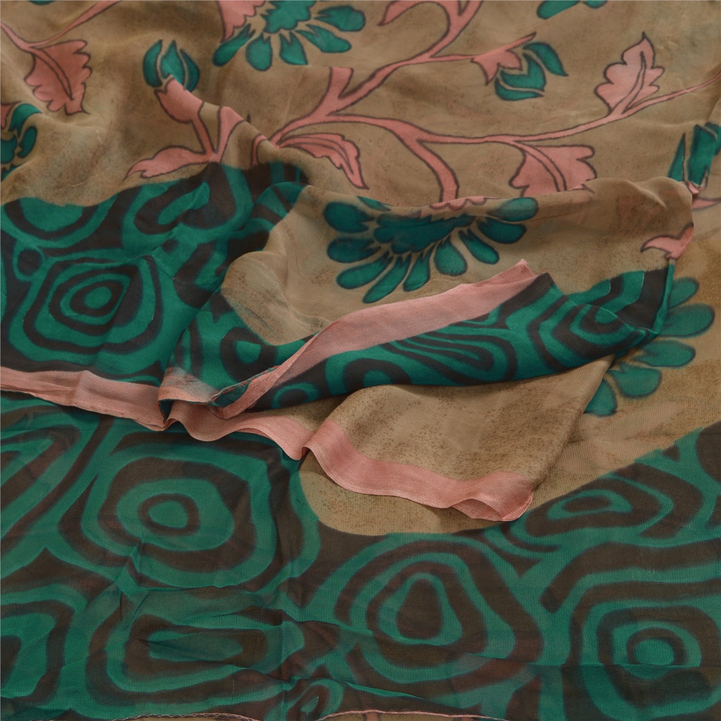 Sanskriti Vintage Sarees Brown/Green Pure Georgette Silk Print Sari Craft Sustainable Fabric