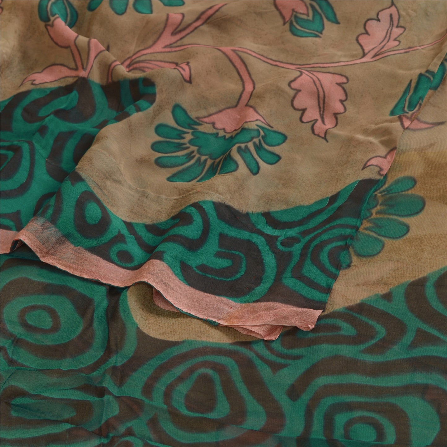 Sanskriti Vintage Sarees Brown/Green Pure Georgette Silk Print Sari Craft Sustainable Fabric