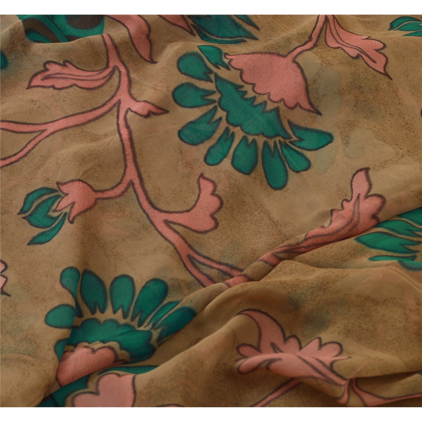 Sanskriti Vintage Sarees Brown/Green Pure Georgette Silk Print Sari Craft Sustainable Fabric