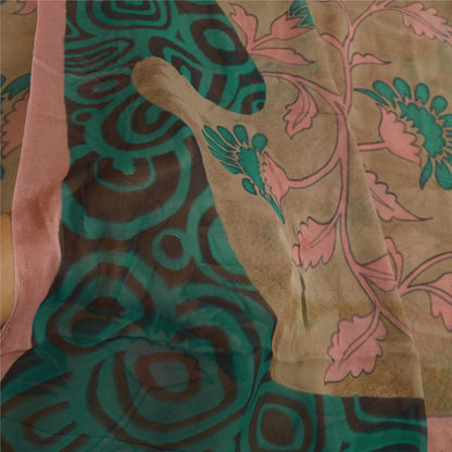 Sanskriti Vintage Sarees Brown/Green Pure Georgette Silk Print Sari Craft Sustainable Fabric