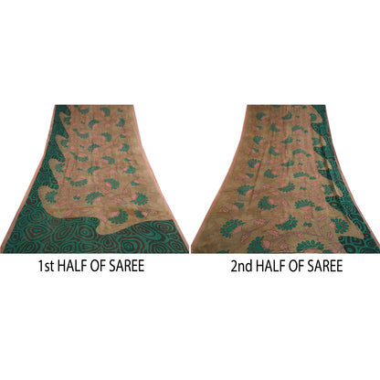 Sanskriti Vintage Sarees Brown/Green Pure Georgette Silk Print Sari Craft Sustainable Fabric