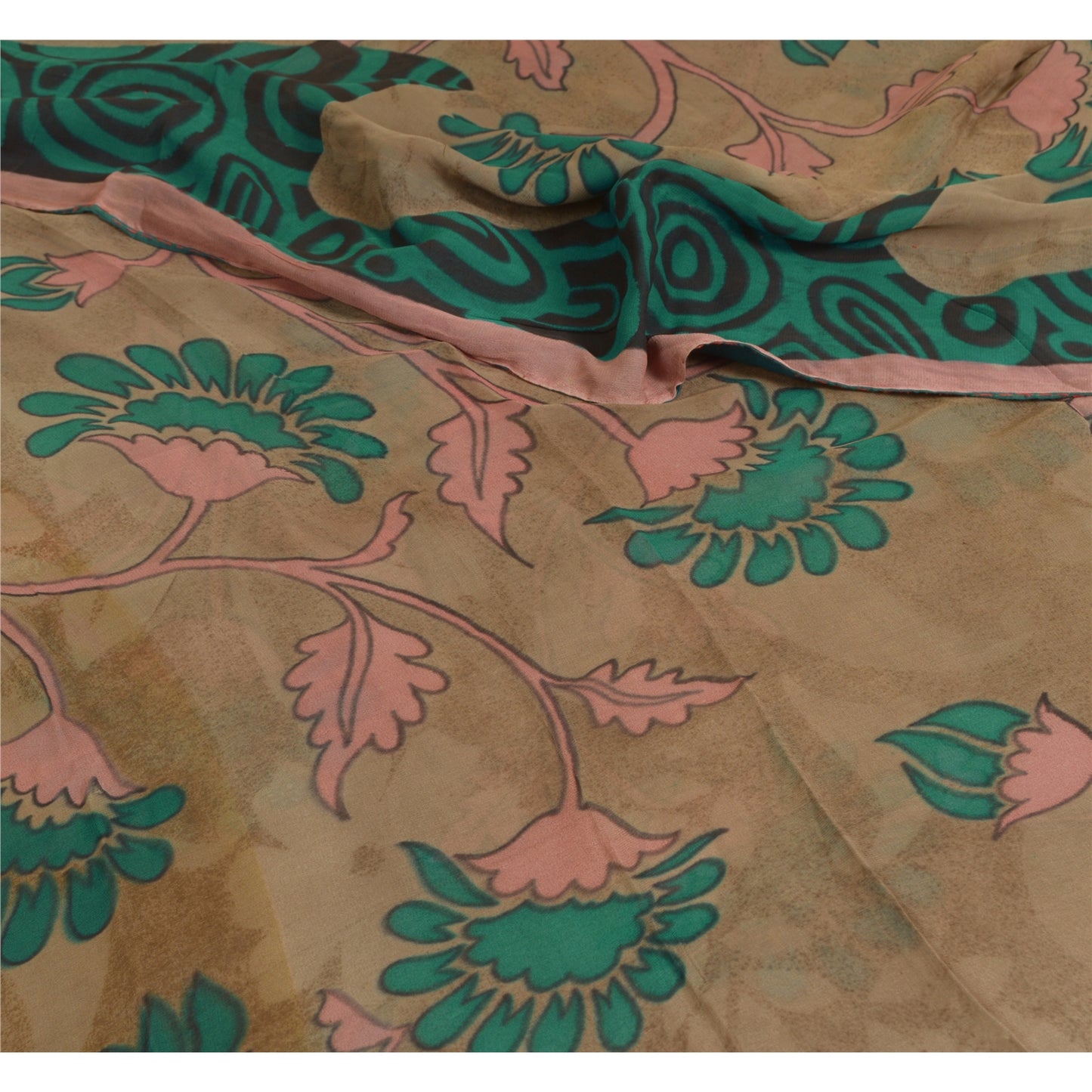 Sanskriti Vintage Sarees Brown/Green Pure Georgette Silk Print Sari Craft Sustainable Fabric