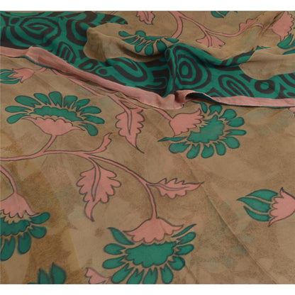 Sanskriti Vintage Sarees Brown/Green Pure Georgette Silk Print Sari Craft Sustainable Fabric