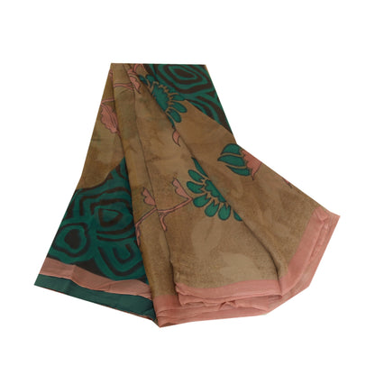 Sanskriti Vintage Sarees Brown/Green Pure Georgette Silk Print Sari Craft Sustainable Fabric